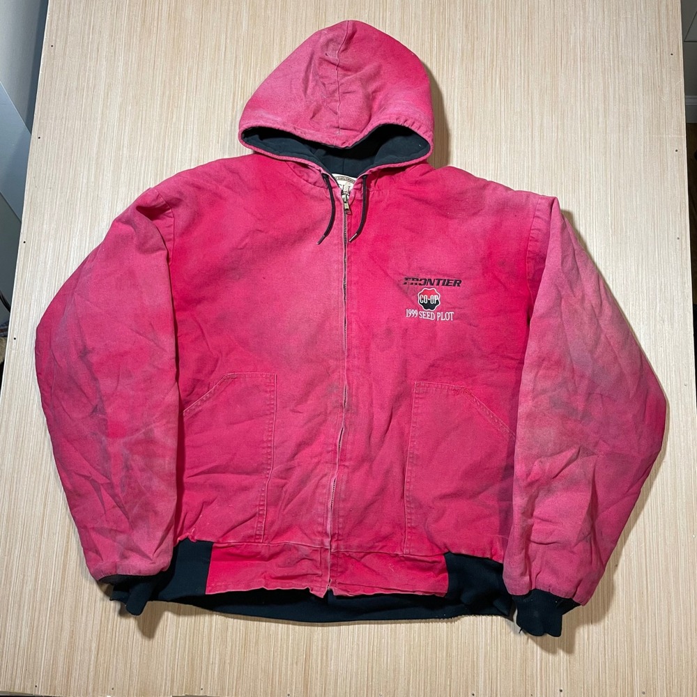 Vintage Pella Products Canvas Hooded Work Jacket Red Distressed XL 1999 Frontier